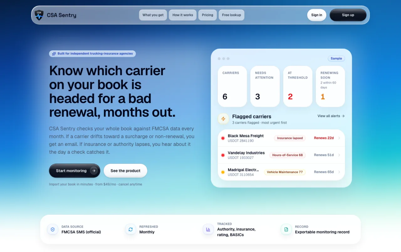 CSA Sentry dashboard listing carriers flagged by renewal risk